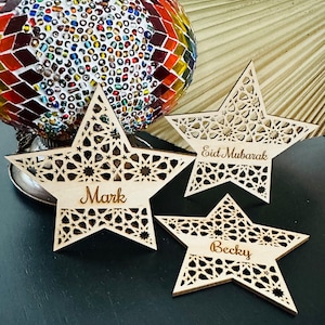Segnaposto a forma di stella incisa, Segnaposto a forma di luna, Cartello da parete, Cartello islamico in legno, Decorazione per la pianificazione, Regali per l'EID, Etichette regalo per Mubarak, Arabo