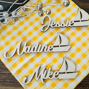 Plaatskaarten met met het schip, matrozen, plaatskaarten, aangepaste lasergesneden namen, schip, zeil, zee, naamplaatjes, feest, decoratie, oceaan Bruiloft tafeldecor