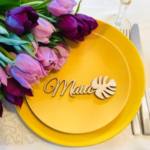 Marque-places avec feuille, marque-places de mariage, noms personnalisés découpés au laser, noms découpés au laser, plaques nominatives, fête, décoration, cadeau