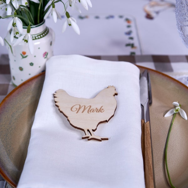 Cartes de table avec poulet, marque-places au choix, marque-places pour mariage, personnalisés, marque-places pour le repas en bois, marque-places, noms découpés au laser