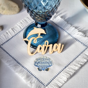 Plaatskaarten met dolfijn, plaatskaarten bruiloft, aangepaste lasergesneden namen, hout, feest, decoratie, cadeau, zee, oceaan, huwelijksdecor Hawaï