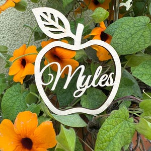 Op de afbeelding: Een lichtgekleurde houten uitsparing in de vorm van een appel met een enkel blaadje aan de bovenkant. De naam Myles is in een cursief handschrift in het midden van de appelvorm geschreven. De randen van het hout zijn donker en contrasteren.