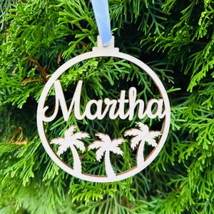 Houten decoratie KERST, palmbomen, kerstballen gepersonaliseerd, Hawaï, sneeuwvlokken, aangepaste cadeaulabels met naam, kerstdecor, december