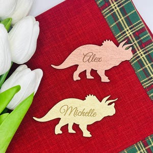 Triceratops-plaatskaarten, gegraveerde namen, reptielennamen, feestdecoratie, Jurassic dinosaurus, kinderfeesttafel, aangepaste namen, lasergesneden namen