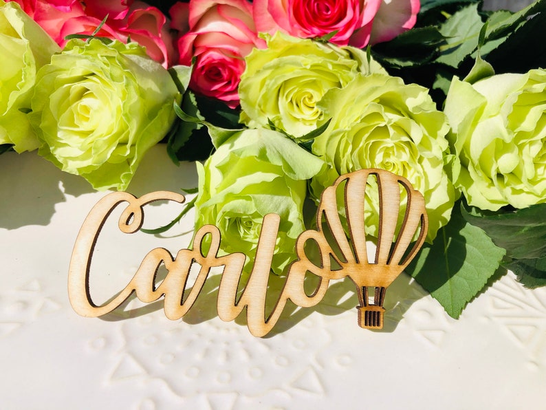 Place cards with air Balloon,Balloon,Wedding place cards,Custom laser-cut names,Wooden,mirror,flying in the sky,the cloud,place cards,to fly image 2