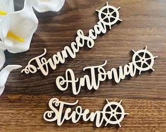 Place cards with ship's rudder,Sailors,place cards,Custom laser-cut names,ship,sail,sea,Name tags,Party,Decoration,Ocean Wedding table decor