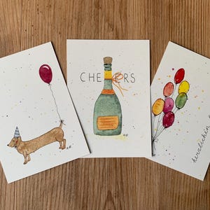 Aquarell Karten-Set, handgemalte Grußkarten, A6 Postkarten, Glückwunsch, Geschenk, liebevolle Handarbeit, Geburtstag, Party, Cheers, Dackel