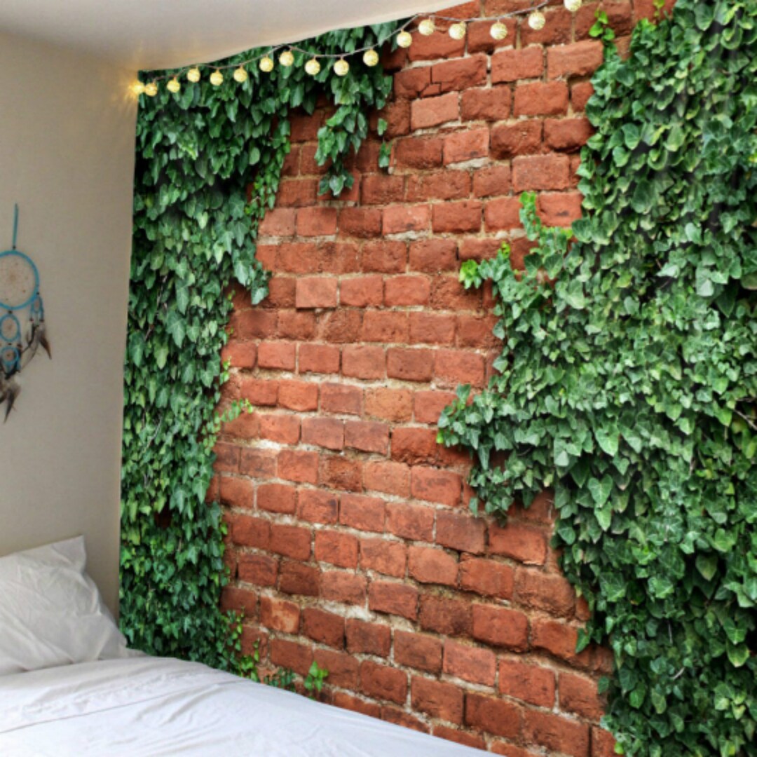 Green Plants Tapestry Brick Wall Decor Vintage Tapestry Etsy