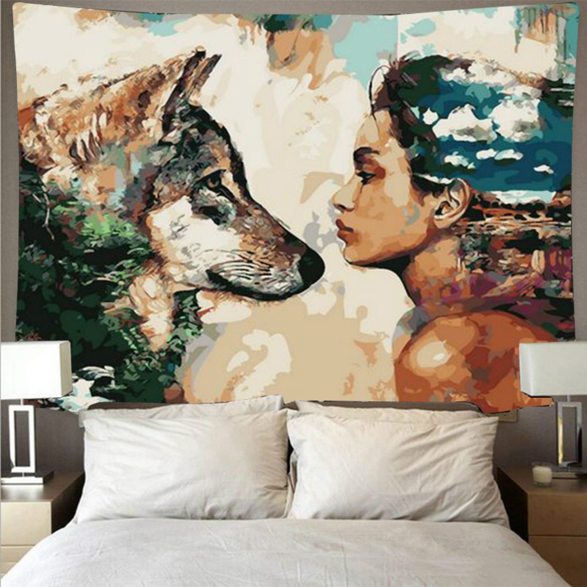 Tapiz De Animal Hippie Para Colgar En La Pared,Tapices De Lobo Blanco Y Negro,Decoración Artística,Tapiz De Pared De Tela Estampada Para Dormitorio,Sala De Estar,Decoración De Pared Estética,40 x 30