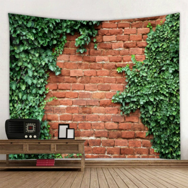 Green Plants Tapestry Brick Wall Decor Vintage Tapestry Etsy