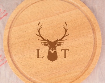 Personalised Handled Round Chopping Board - Stag and Initials