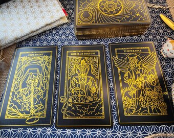 TAROT DECK 78 CARDS mythical golden cards. minor and major arcana. medieval cats. witch. fine original illustration. fortune telling. love