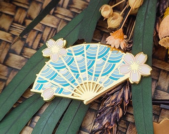 SAKURA FAN PIN blue hard enamel pin. gold. traditional uroko design. sakura flower.big pin. triple pin back. high quality. original art.