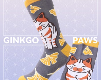 GINKGO CAT SOCKS cotton socks. ginkgo socks. grey crew socks. tricolor cat socks. traditional japanese art. botanical socks. fall socks.