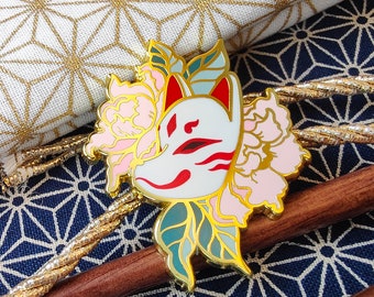 TRADITIONAL KITSUNE MASK hard enamel pin. pink peony. japanese fox mask. spring in japan. big pin. double pin back. original art.