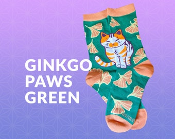 LUCKY CAT SOCKS cotton socks. ginkgo socks. colorful socks. crew socks. tricolor cat socks. traditional japanese art. botanical socks.