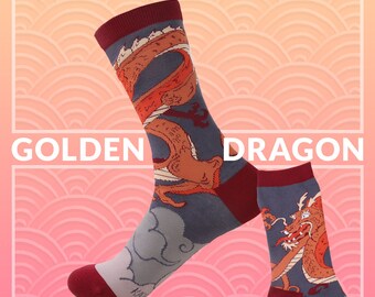 JAPANESE DRAGON SOCKS cotton socks. year of the dragon. colorful socks. crew socks. red dragon. cloud catcher. sky dragon. men's socks. fire