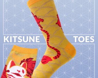 FOX MASK SOCKS cotton socks. kitsune mask. traditional japanese fox mask. nine tails. mustard socks. yokai footwear. fox gift.