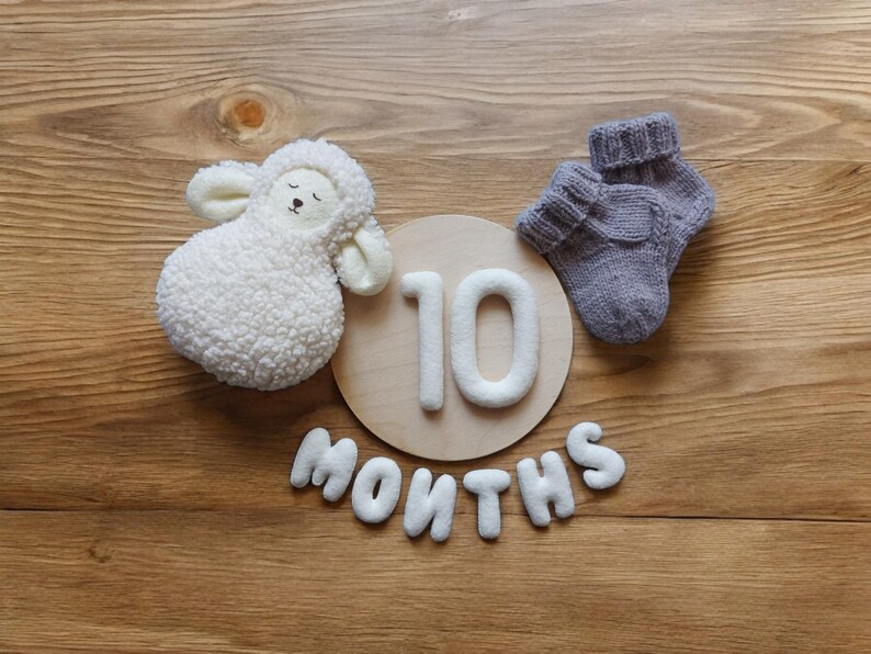 May include: A wooden circle with the number 10 in white felt letters, surrounded by the word "months" in white felt letters. A white plush lamb toy and a pair of gray knitted baby socks are on the wooden surface.