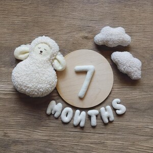 May include: A white wooden circle with the number 7 on it, surrounded by white felt clouds and a white felt sheep. The words "MONTHS" are spelled out below the circle.