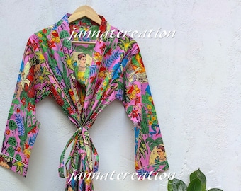 Katoenen Frida Khalo-kimonobadjas, strandkleed met bloemenprint