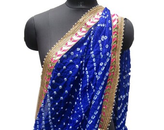 Indina Bandhej Dupatta Seda Bandhani Bandhej Mujeres Dupatta Pesada Con Gota Trabajo Y Latkan Color Azul Novia Dupatta Bandhani Dupatta Estola