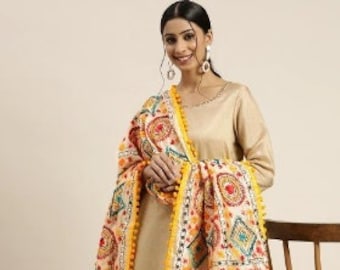 Chanderi Silk Phulkari Embroidered Dupatta For Women, Party Wear Dupatta, Pakistani Dupatta With Mirror Embellishments & Pom Poms Work