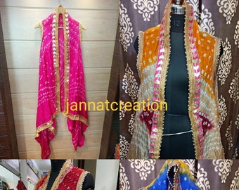 Mix Multi Color Silk Bandhani Gotapatti Schouderophalen, Bandhani Bedrukte Sharug, Bruiloft Gunst Sharug, Bandhej Sharug, Vrouwen Bandhani Dupatta Sharug