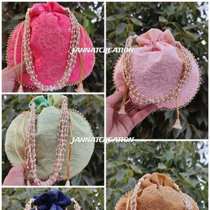 Lot Of 5-100 Indian Women's Chikan Embroidered Clutch Purse Potli Bag Pouch Drawstring Bag Potluck Bag Wedding Favor Return Gift For Guest