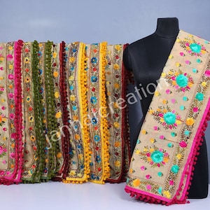 Lot Chanderi Silk Phulkari Embroidered Dupatta For Women, Party Wear Dupatta, Pakistani Dupatta With Mirror Embellishments & Pom Poms Work