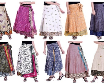 Wholesale Lot Of 5 To 80 Indian Vintage Silk Reversible Two Layer Silk Wrap Skirts, Vintage Magic Reversible Long Hippie Printed Wrap Skirts