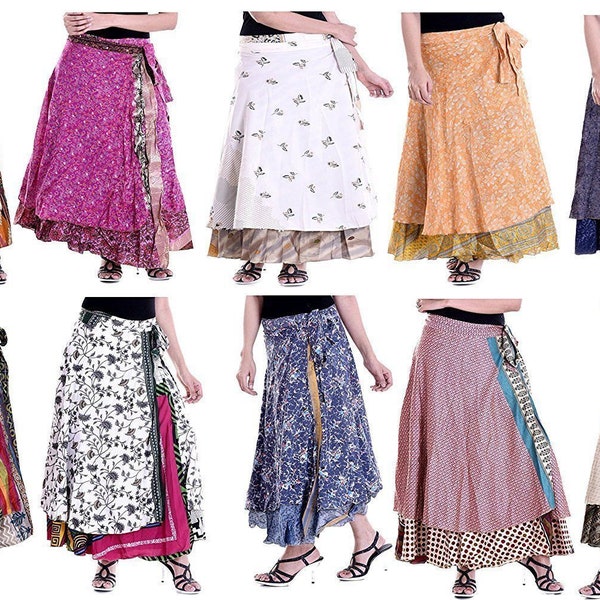 Wholesale Lot Of 5 To 80 Indian Vintage Silk Reversible Two Layer Silk Wrap Skirts, Vintage Magic Reversible Long Hippie Printed Wrap Skirts