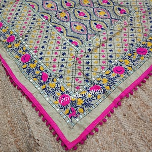 Hand Work Multi Color Phulkari Embroidered Dupatta For Women, Party Wear Dupatta Pakistani Dupatta With Mirror Embellishments & Pom Pom Work