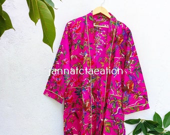 Floral Block Printed Kimono Bathrobe, Bikni Cover Up Kimono Robe, Cotton Kimono  Robe, Night Wear Gown, Vintage Kimono Robe, Floral Kimono