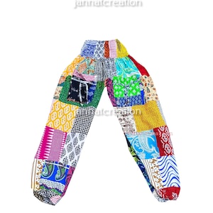 Pantalón harén de patchwork de algodón hecho a mano, pantalón con cintura elástica, pantalón harén de yoga