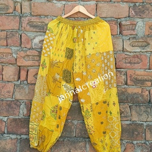 Yellow Multicolor Patchwork Harem Pants, Super Comfy Patchwork Pants, Unisex Summer Harem Pants With Pockets, Rayon Patchwork Trouser Pant