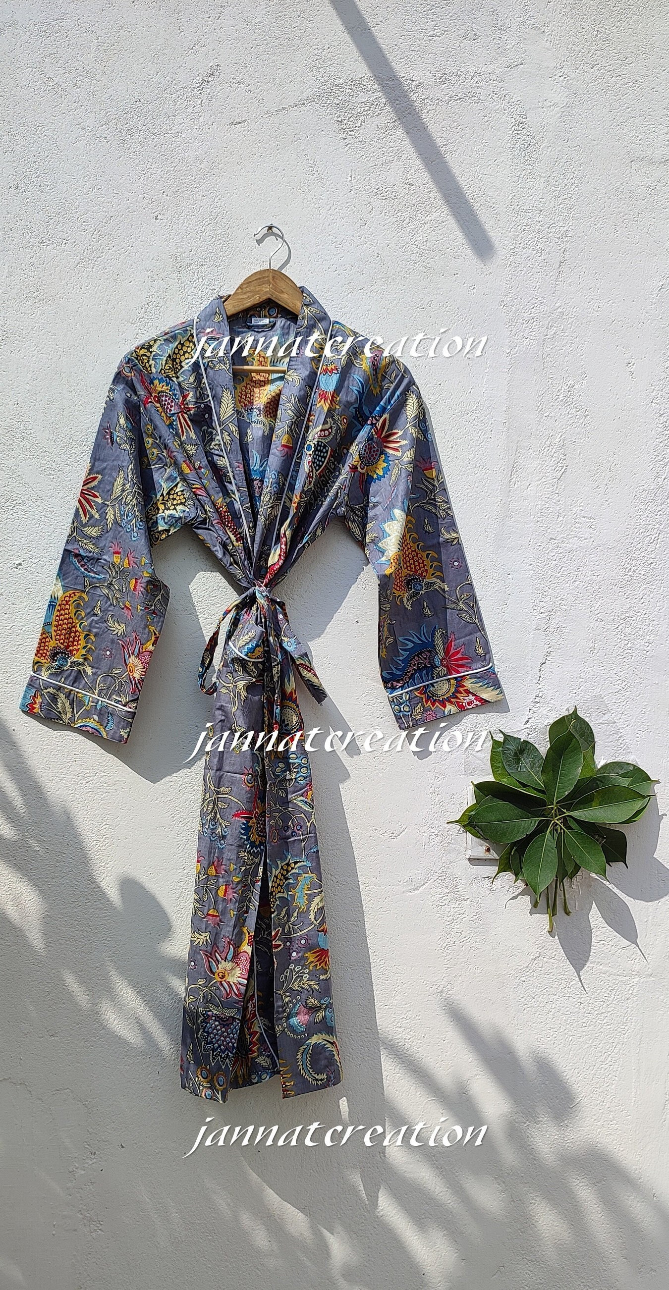 Floral Print Cotton Kimono Robe, Boho Beach Cover Up