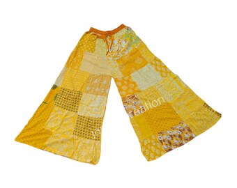 Boho Patchwork Palazzo Pants: Multicolor Rayon Cotton Wide Leg Trousers