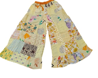 Boho Patchwork Palazzo Pants: Multicolor Rayon Wide Leg Trousers