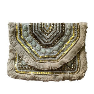 Handgemachte weiße Perlen Boho Banjara Clutch Taschen, Stein und Reihenfolge Arbeit Boho Taschen, Boho Taschen, handgemachte bestickte Schultertaschen