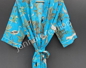 Cotton Kimono Robe, Floral Animal Print, Beach Cover Up