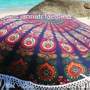 Bohemian Mandala Round Table Cover Peacock Father Tablecloth Mediterranean Style Kitchen Round Table Cloth Round Yoga Mat Pom Pom Roundies