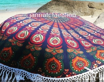 Mandala Tischdecke: Rundes Baumwolltuch mit Pom Poms
