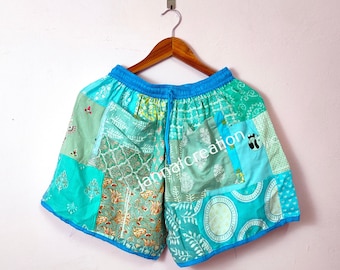 Patchwork Rayon Yoga Shorts: Vintage Style, Elastic Waist