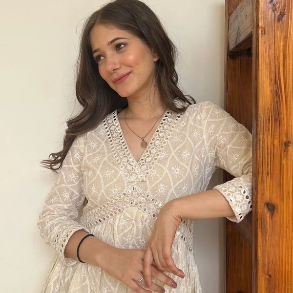 Indian Traditional Aliya Cut Chikankari Work Dress, Gown Kurti Cotton Dress, Off-white Luckhnawi Chikankari Dress Sequence Work V Neck Dress