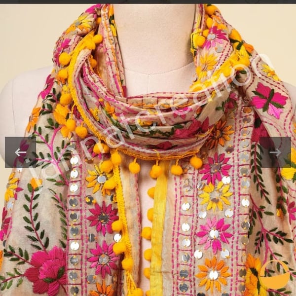 Chanderi Silk Phulkari Embroidered Dupatta For Women, Party Wear Dupatta, Pakistani Dupatta With Mirror Embellishments & Pom Poms Work