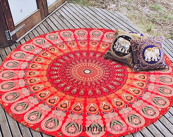 Indian Mandala Table Cloth: 48" Bohemian Cotton Tapestry