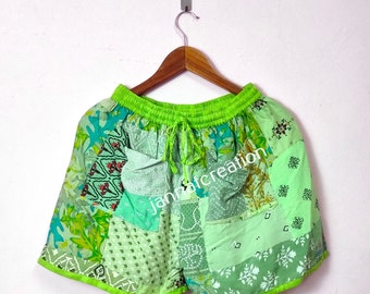 Patchwork Rayon Shorts, Elastic Waist with Pockets - Boho Vintage Style