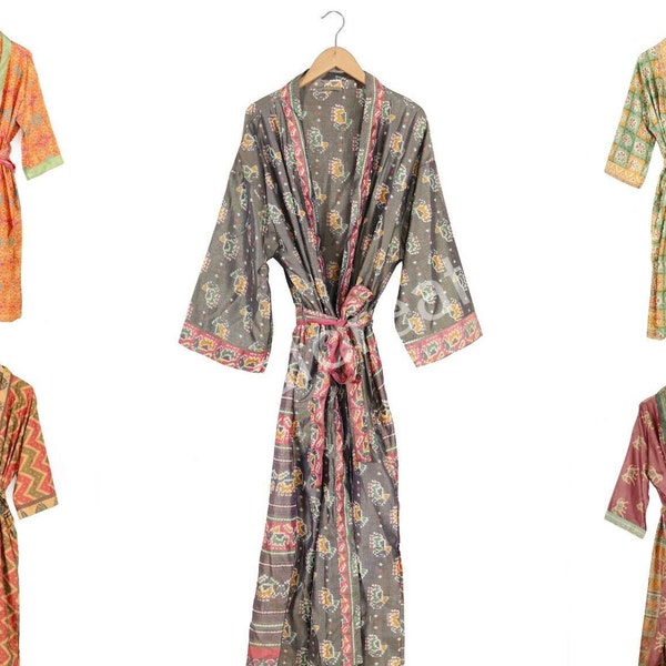 Assorted Color Recycle Silk Saree Kimono Robe, Indian Handmade Silk Dressing Gown Robe, Boho Beach Cover Up Robe, Women Kimono Bathrobe Gown