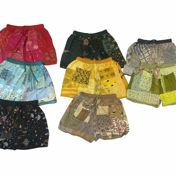 Wholesale Lot Of Handmade Patchwork Shorts, Multi Color Unisex Shorts, Yoga Shorts, Vintage Patchwork Shorts, Gypsy Shorts With Pockets